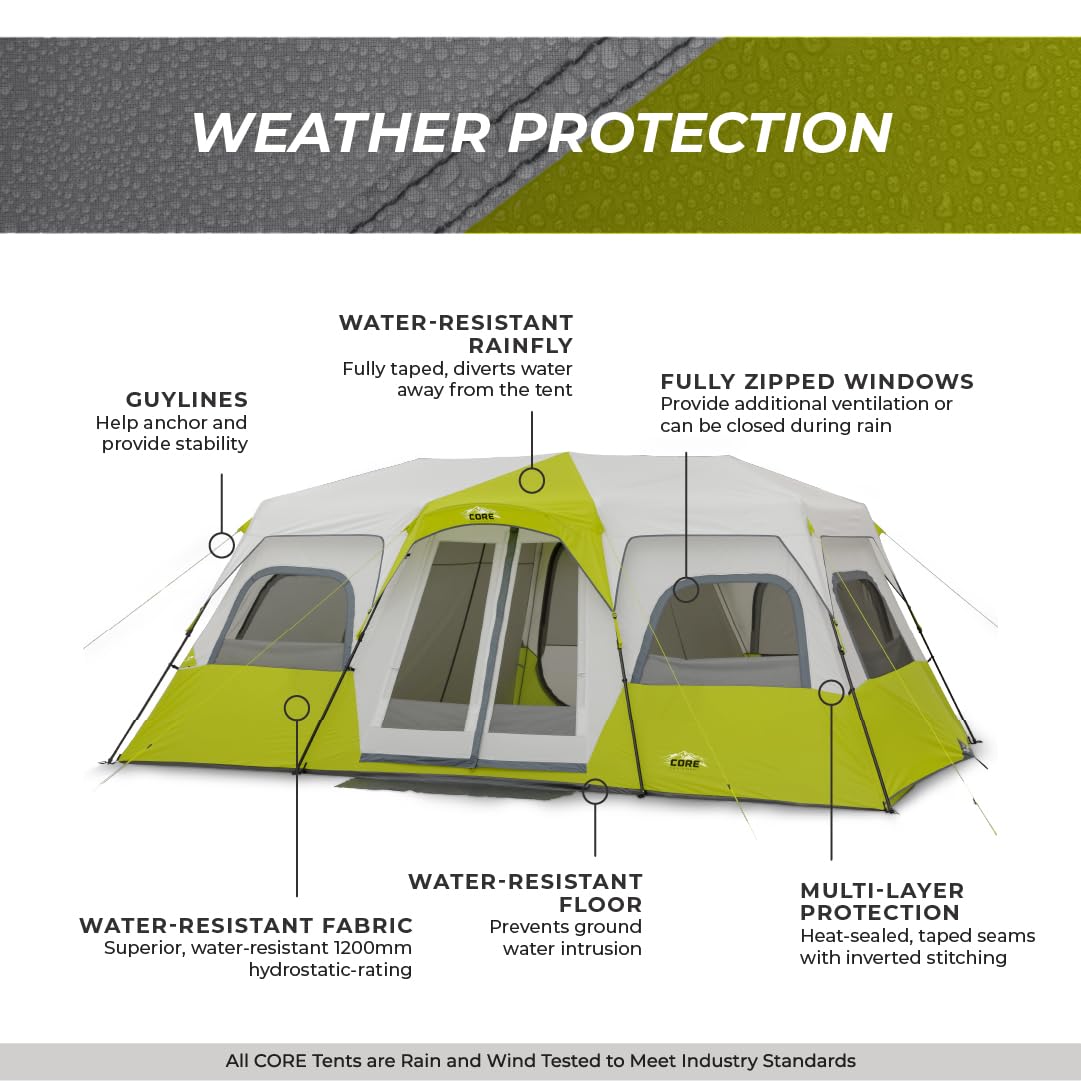 CORE 12-Person Instant Cabin Tent with 3 Rooms & Storage Pockets