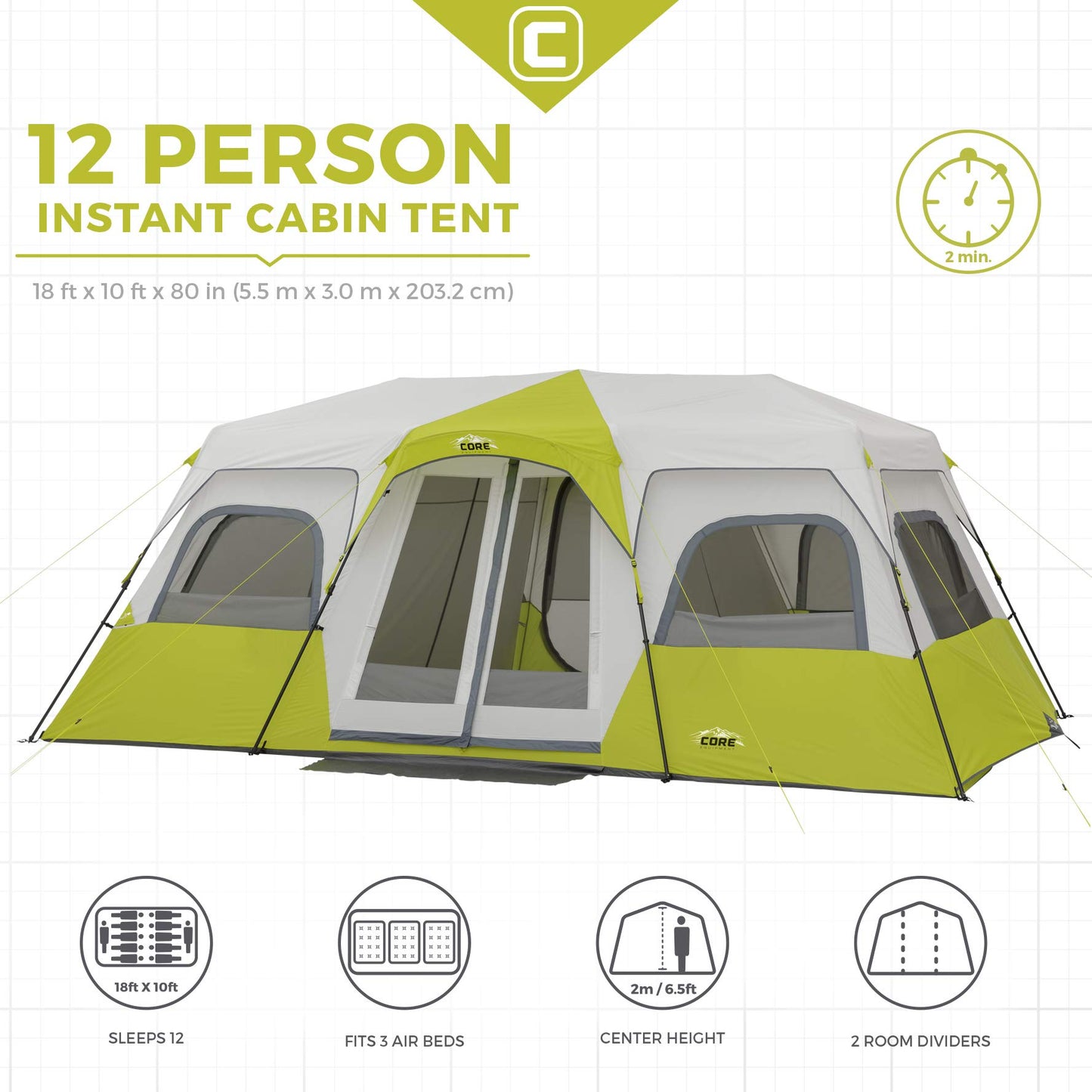 CORE 12-Person Instant Cabin Tent with 3 Rooms & Storage Pockets