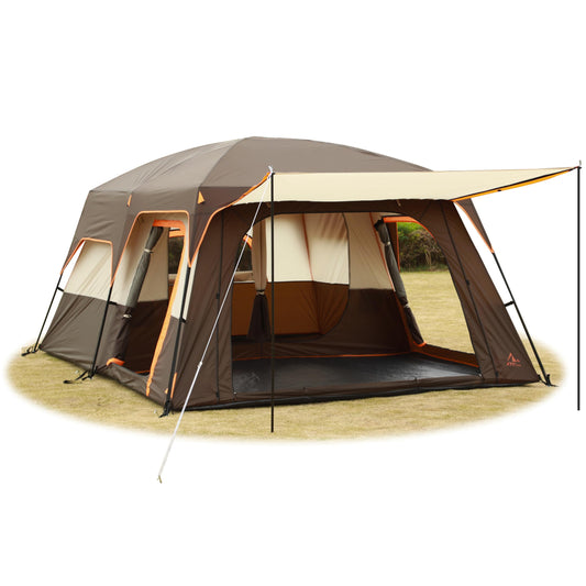 KTT 12-Person Waterproof Family Cabin Tent with 2 Rooms & Mesh Windows – Brown
