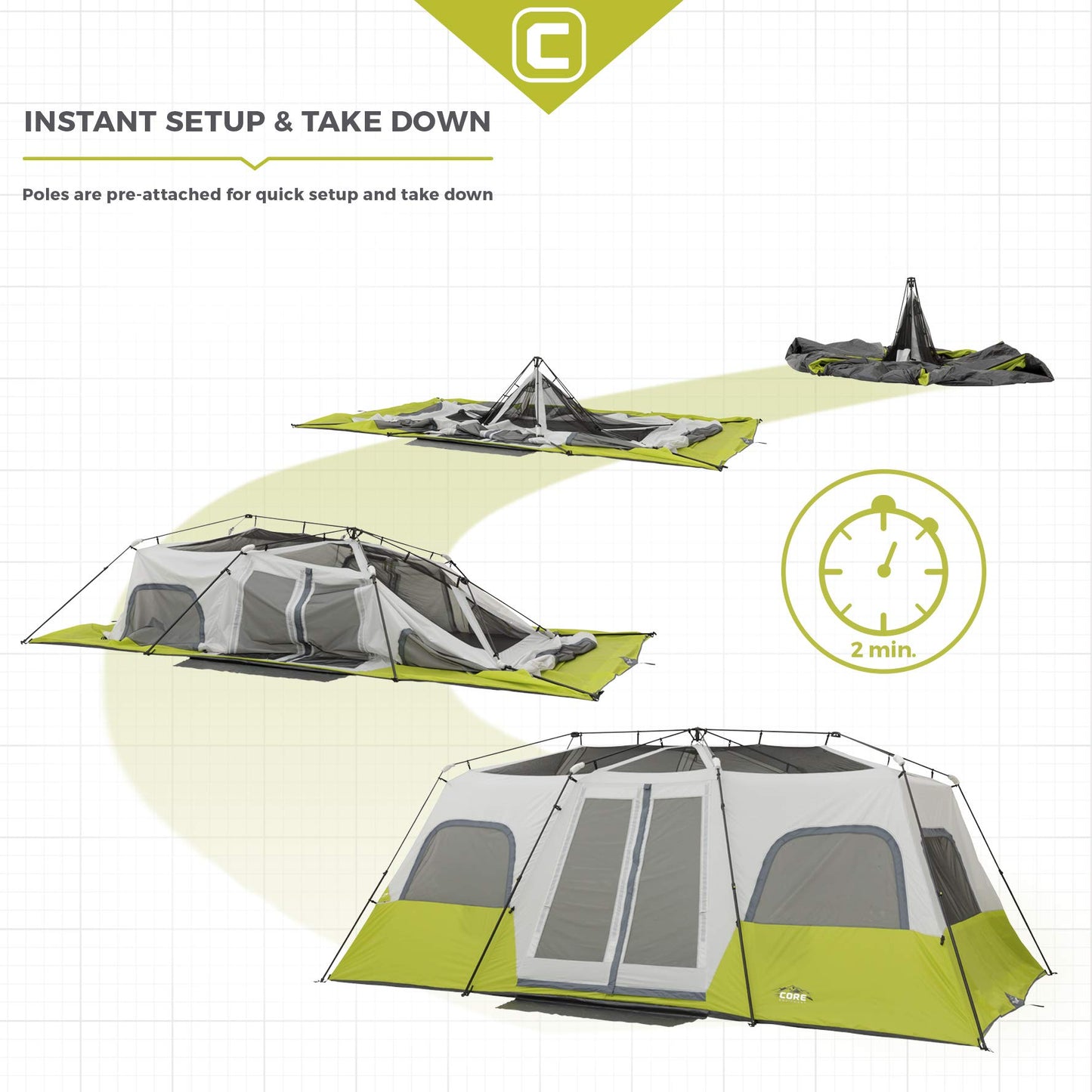 CORE 12-Person Instant Cabin Tent with 3 Rooms & Storage Pockets