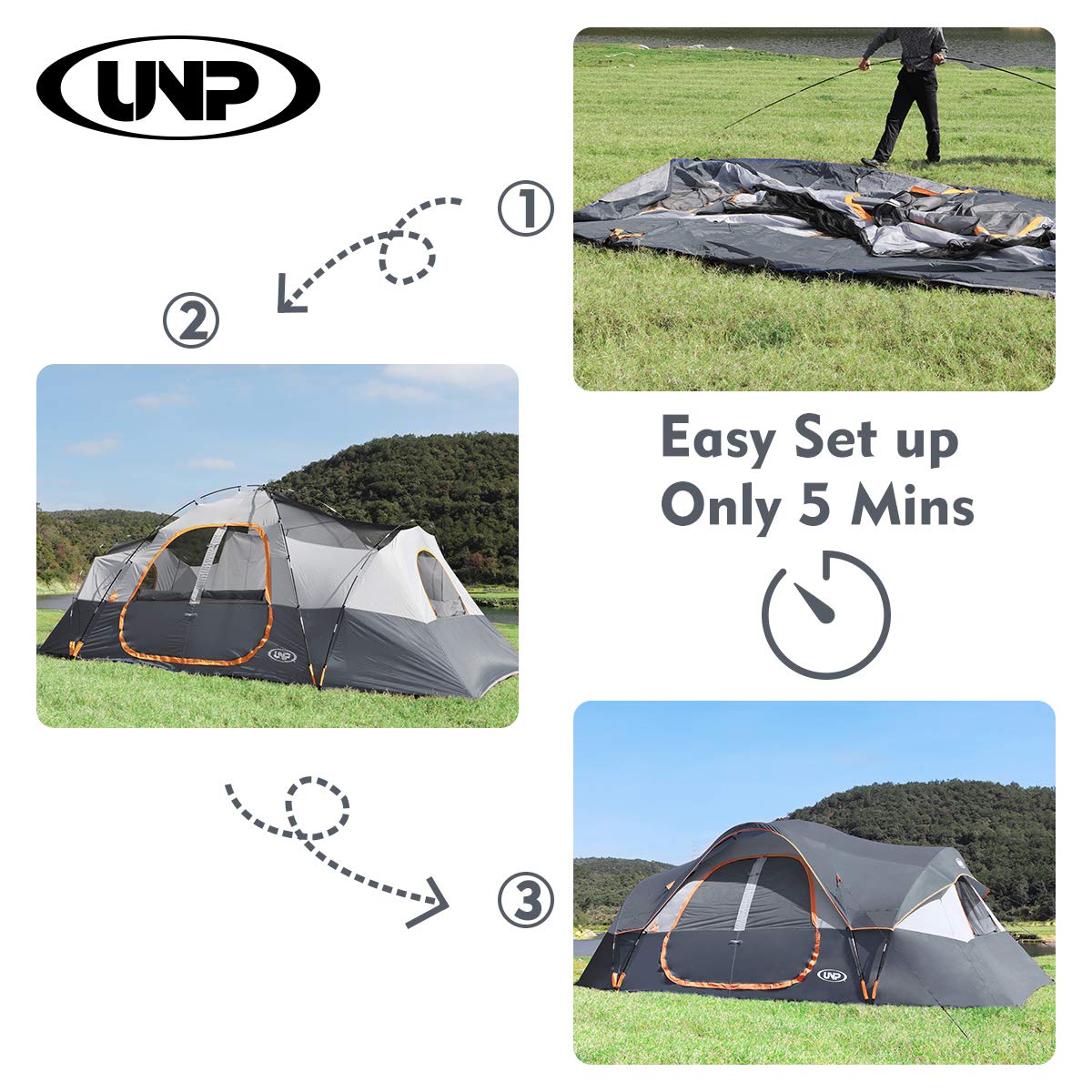 UNP 10-Person Waterproof Camping Tent with 2 Rooms & Mesh Windows – Gray