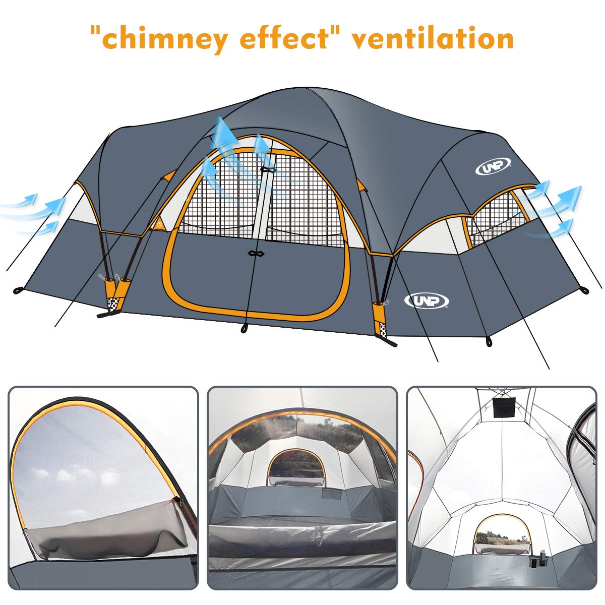 UNP 10-Person Waterproof Camping Tent with 2 Rooms & Mesh Windows – Gray