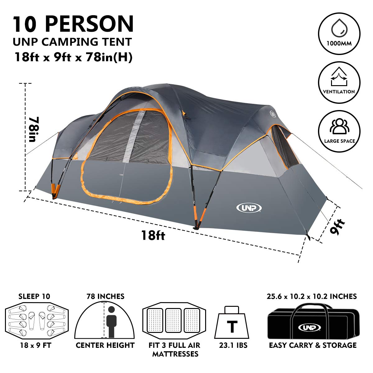 UNP 10-Person Waterproof Camping Tent with 2 Rooms & Mesh Windows – Gray