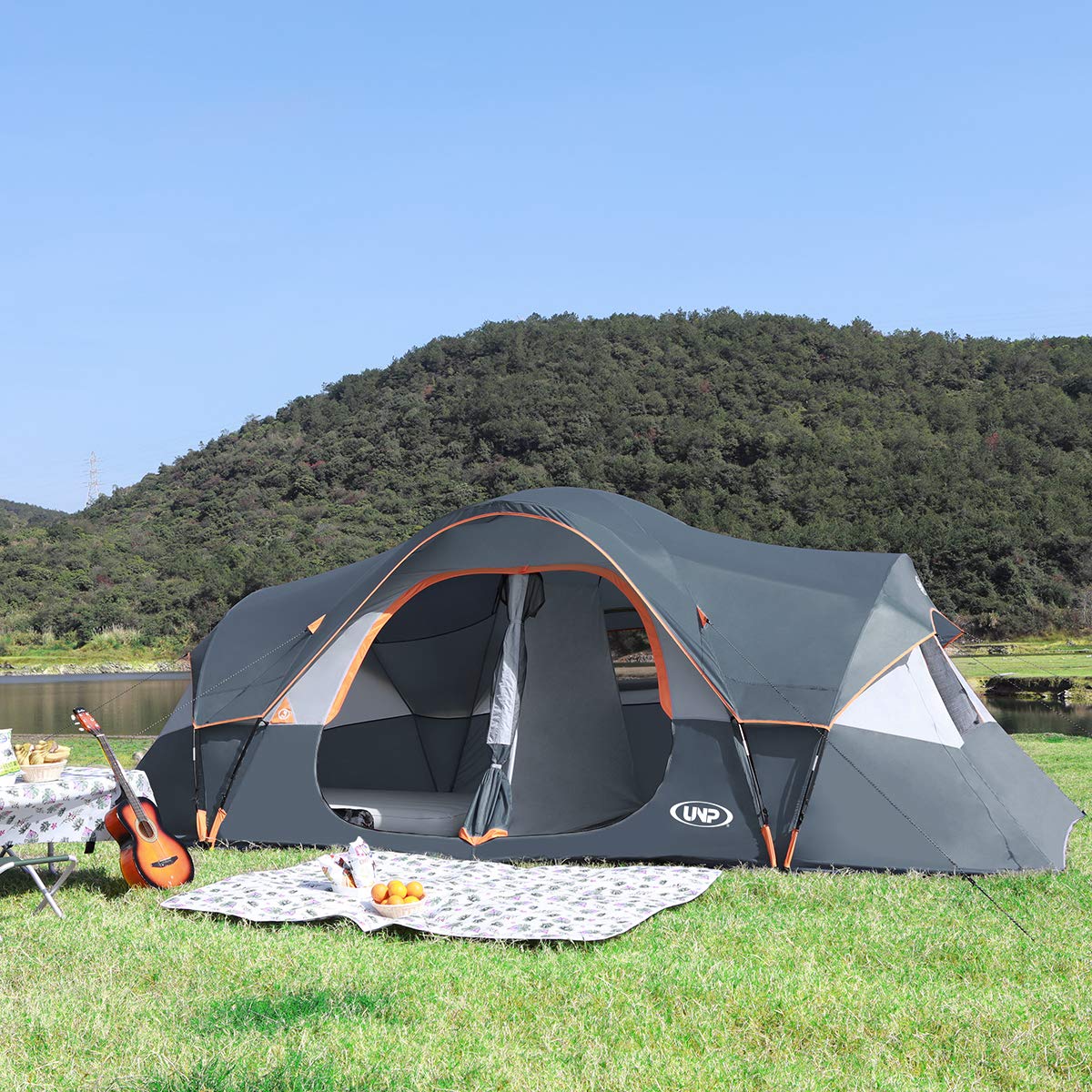 UNP 10-Person Waterproof Camping Tent with 2 Rooms & Mesh Windows – Gray