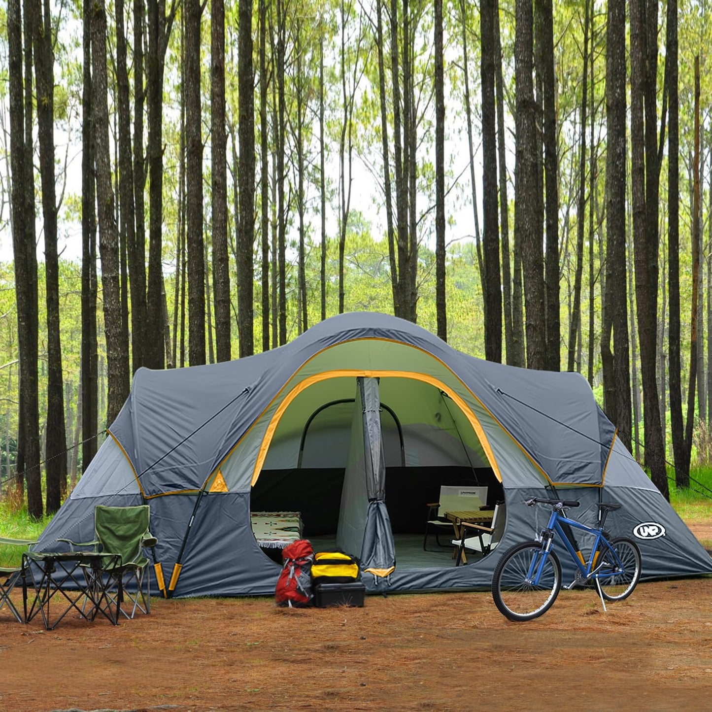 UNP 10-Person Waterproof Camping Tent with 2 Rooms & Mesh Windows – Gray